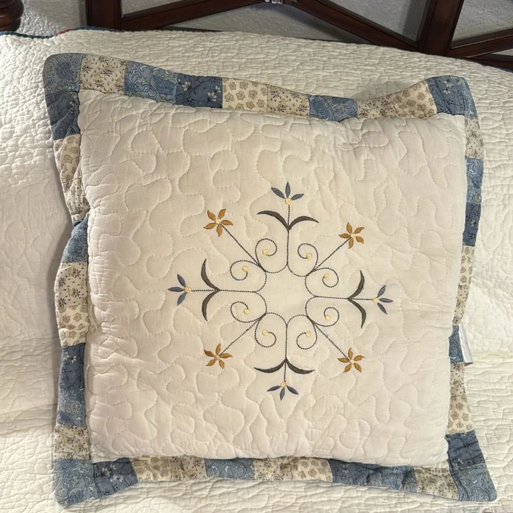 Pillows Set of 3 Cream and Blue Quilted Accent Pillows with Elegant Embroidery